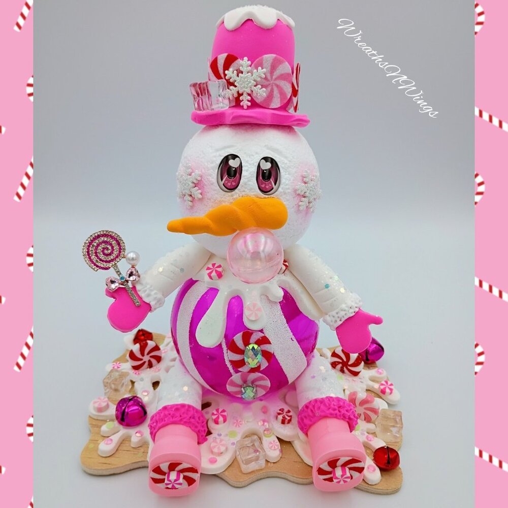 Candyland Pink Snowman, Peppermint Christmas Home Decor, Whimsical Handmade